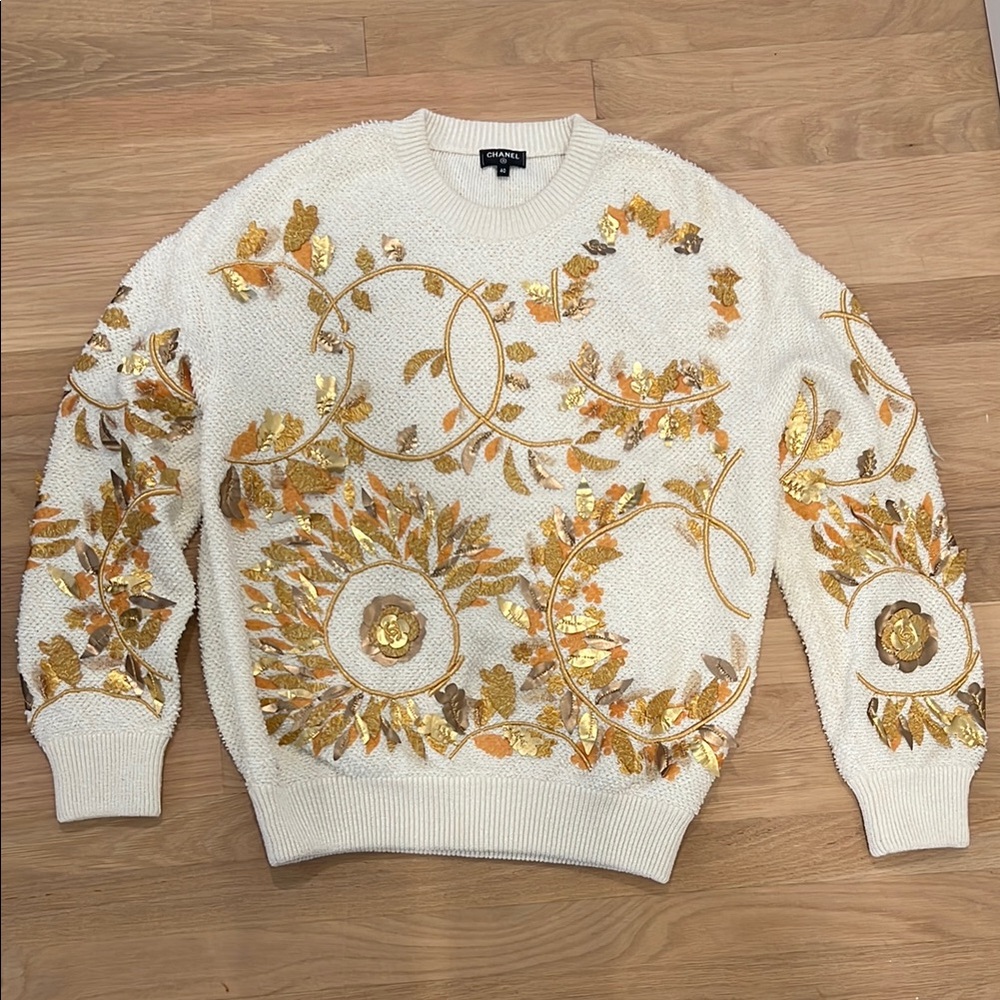 CHANEL Cream and Gold Embellished Sweater